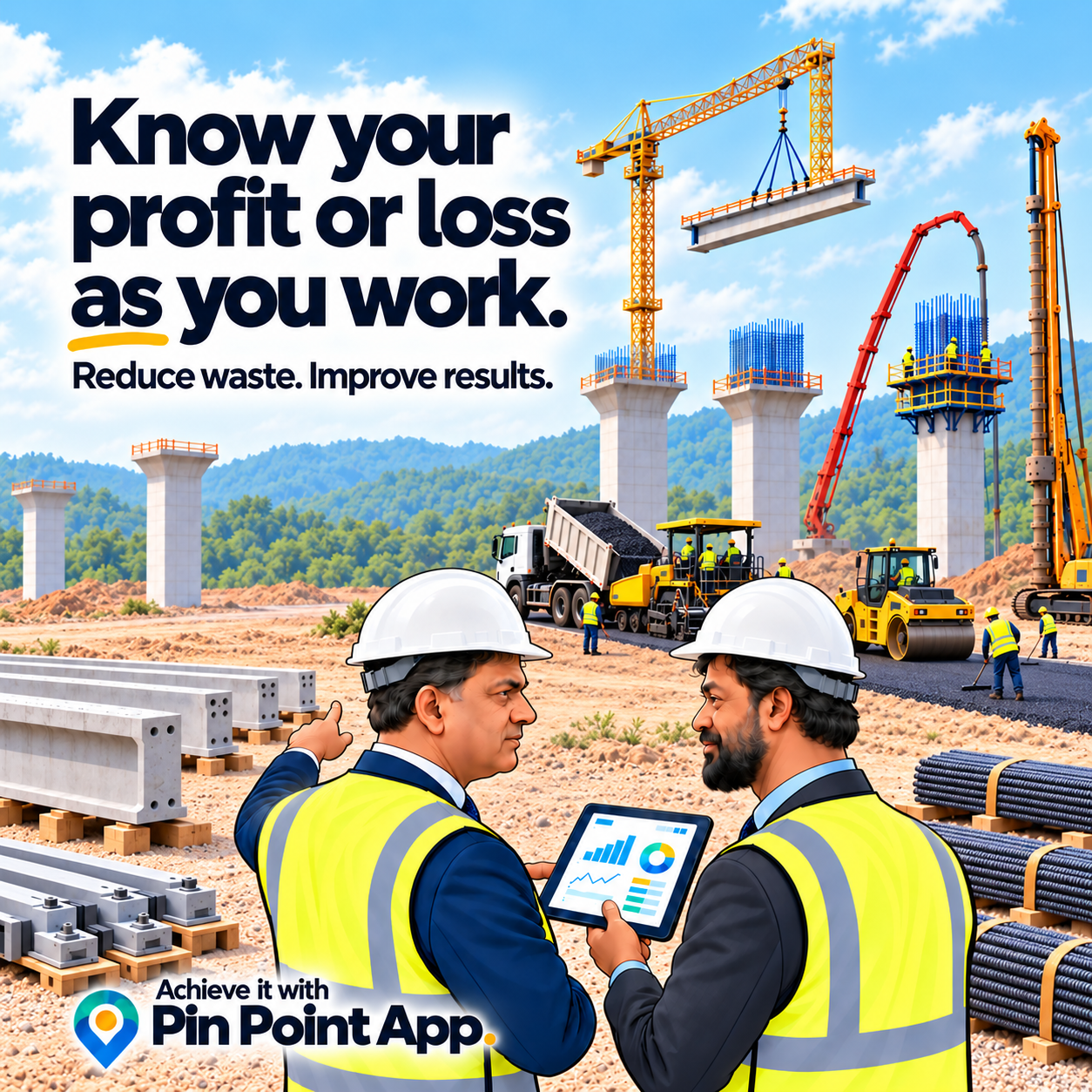 Know your profit or loss as you work. Reduce waste. Improve results. Achieve it with Pin Point App. Two engineers discuss tablet performance graphs beside a bridge under construction, with a piling rig, crane, tipper and concrete pump.
